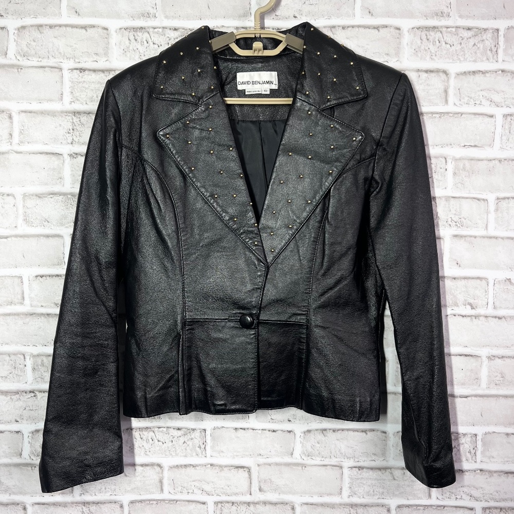NWOT |•DAVID BENJAMIN•| Gold Studded Short 100% Leather Black Jacket Size 10